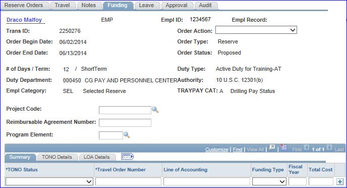 11 The Funding tab will display. Only members with CGRSVISC role can enter or edit the Funding tab.