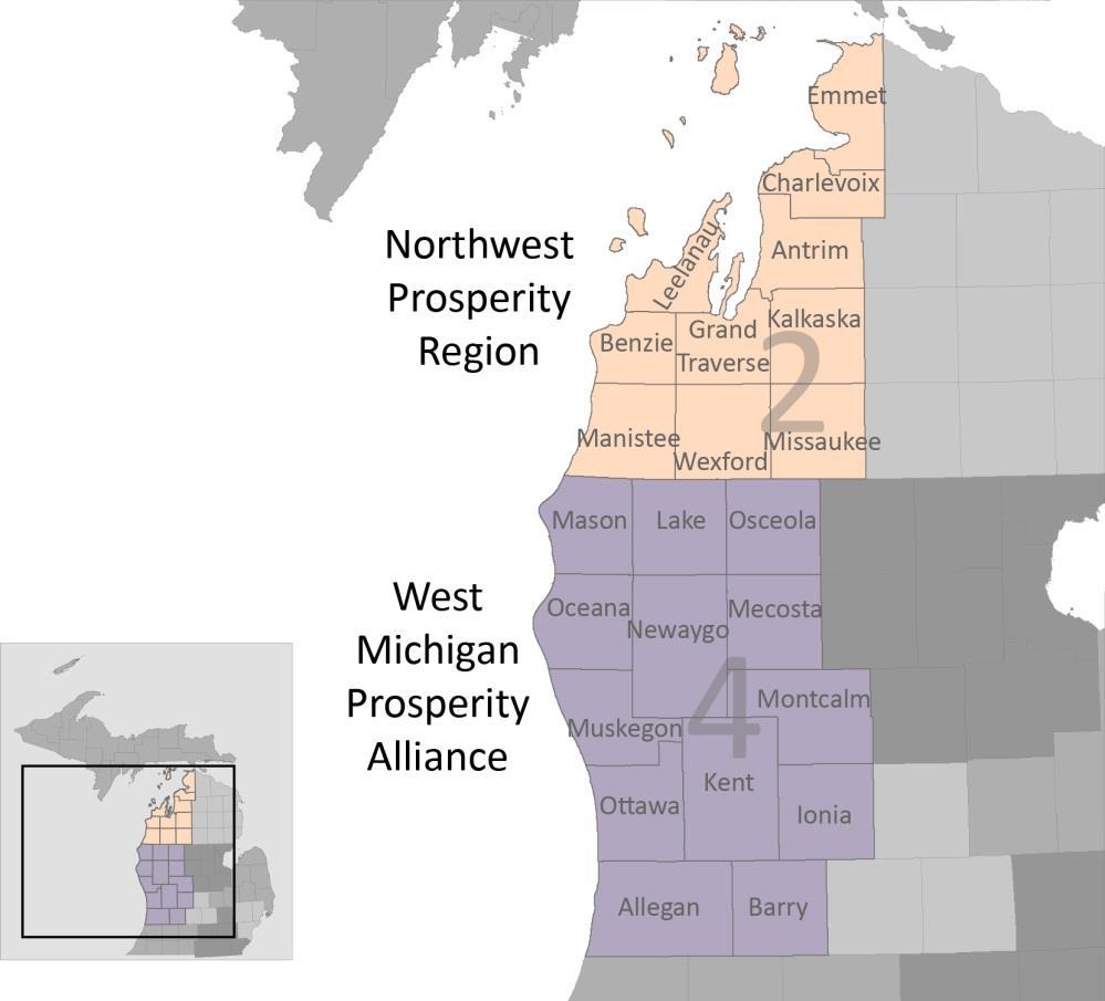 Appendix 3: West Michigan and Northwest Michigan Prosperity Regions 2 - Northwest Prosperity Region Labor Force 149,600 155,400 148,700-5,800-3.7% 900 0.6% Employment 143,900 149,100 142,600-5,200-3.