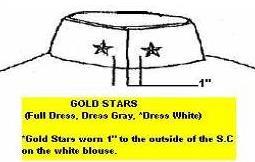 One Gold Star will be centered and above the name tag on the Summer Leave uniform shirt. b) Each star will be centered in the middle of the collar band, one inch back from front edge of the collar.