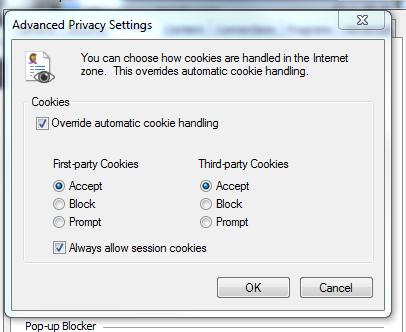 4. Check the boxes for Override automatic cookie handling and for Always allow session