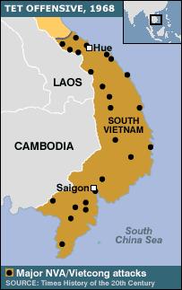 Viet Cong guerrillas and North Vietnamese Army troops launched attacks across SV on 30 January, the start of the Vietnamese holiday, Tet Coordinated series of fierce attacks on over 100 cities