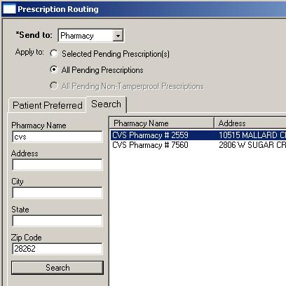 3. If there is no preferred pharmacy for the patient, then the pull-down menu of the Send To: field, will give a