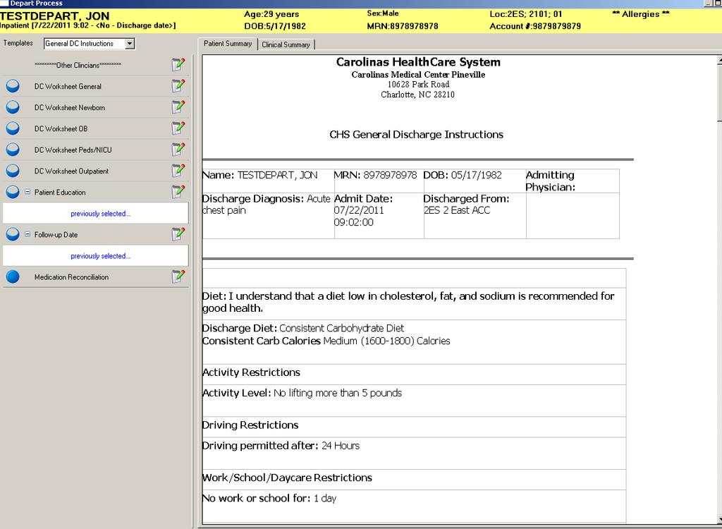 Patient Summary The Patient Summary tab is the section that will be populated as items are completed from the Discharge Summary MPAGE as well as the Discharge Worksheet