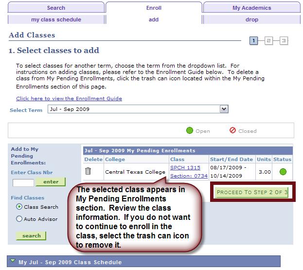 The class you selected appears in the My Pending Enrollments section.