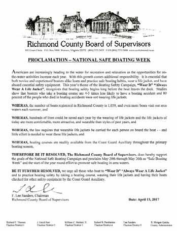 (r) of Flotilla 3-10, with a Proclamation recognizing National Safe Boating Week and emphasizing the