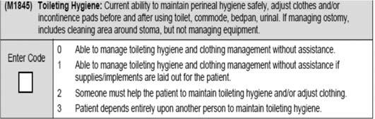 SOC ROC DC M1845 Toileting Hygiene M1845 Toileting Hygiene 413 414 Toileting hygiene includes several activities, including pulling clothes up or down and adequately cleaning (wiping) the perineal