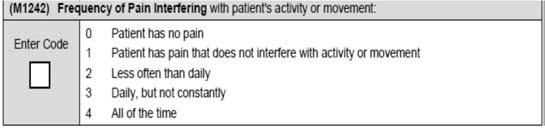 217 M1242 Frequency of Pain Interfering with Movement Evaluating the patient s ability to perform ADLs and IADLs can provide additional information about such pain.
