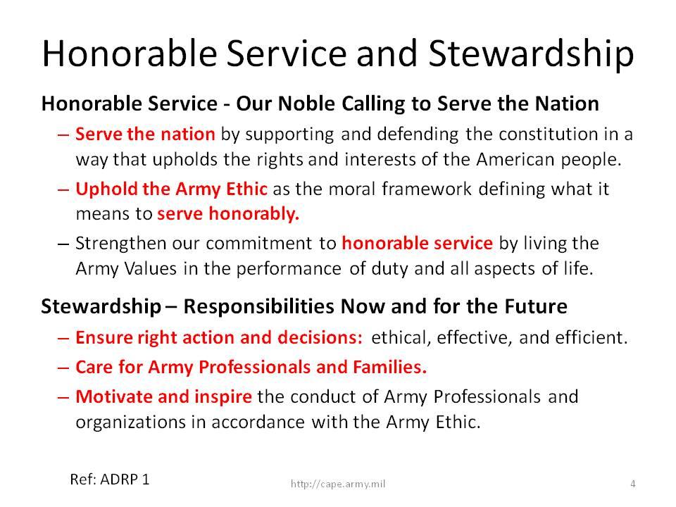 Slide 4 Slide talking points: Professions provide service. Our Army Profession provides honorable service that is essential for the American people.