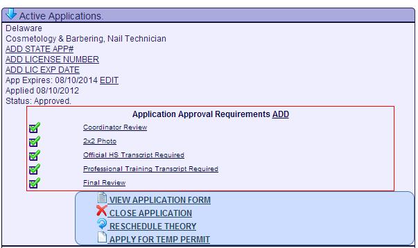 To reschedule practical examination, click Reschedule Practical under the Active Applications