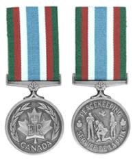 The Canadian Peacekeeping Service Medal (above right, front and back) is awarded for peacekeeping service on missions dating back to 1947.