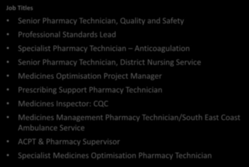 APTUK SCOPING: JOB ROLES Job Titles Senior Pharmacy Technician, Quality and Safety Professional Standards Lead Specialist Pharmacy Technician Anticoagulation Senior Pharmacy Technician, District