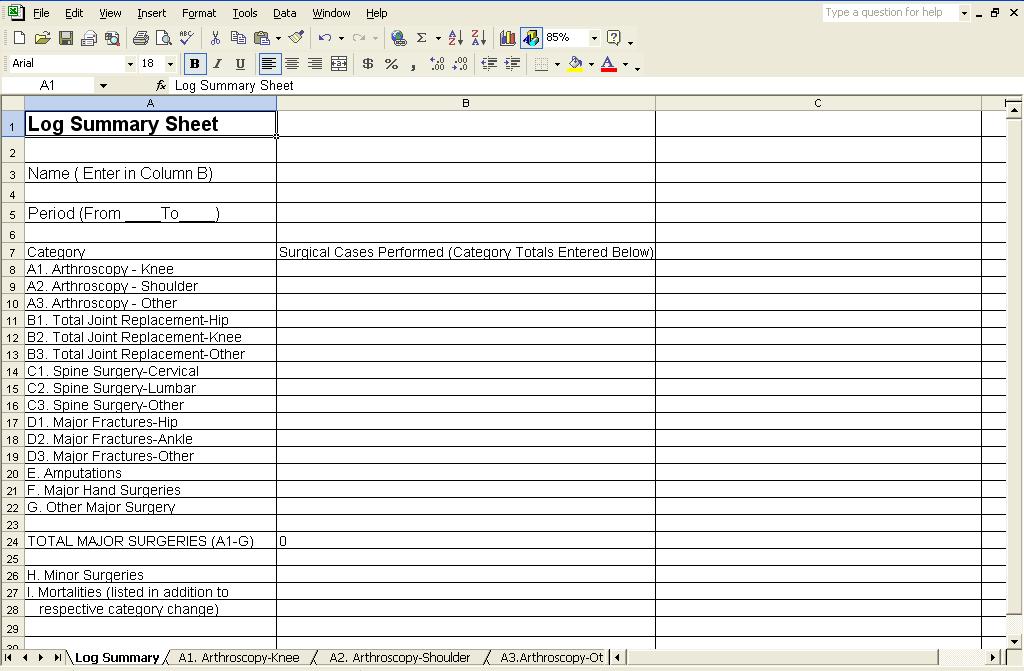 The first worksheet visible in the Excel file is the Log Summary Sheet, as displayed below. The following format is to be followed for the submission of surgical cases.