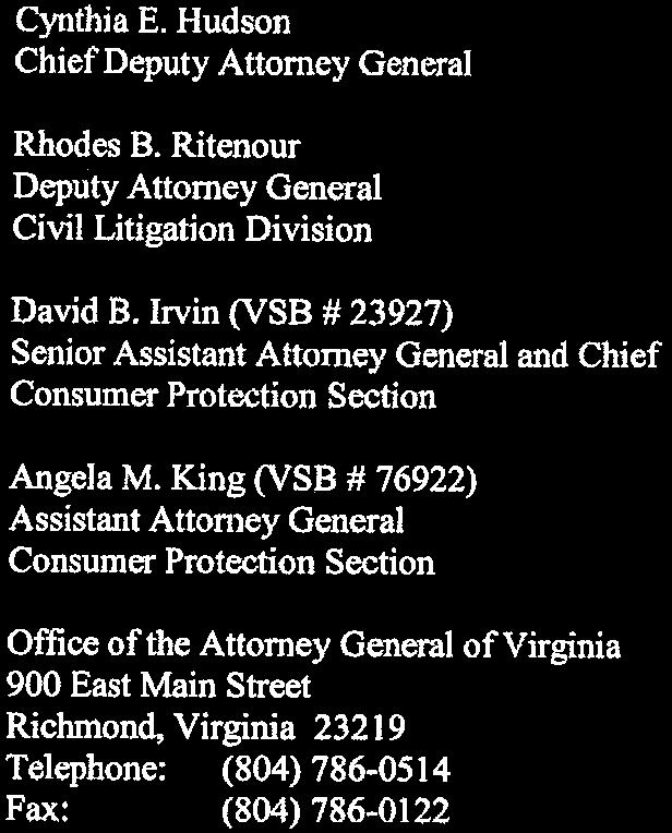 Irvin (VSB # 23927 Senior Assistant Attorney General and Chief Consumer Protection Section Angela M.