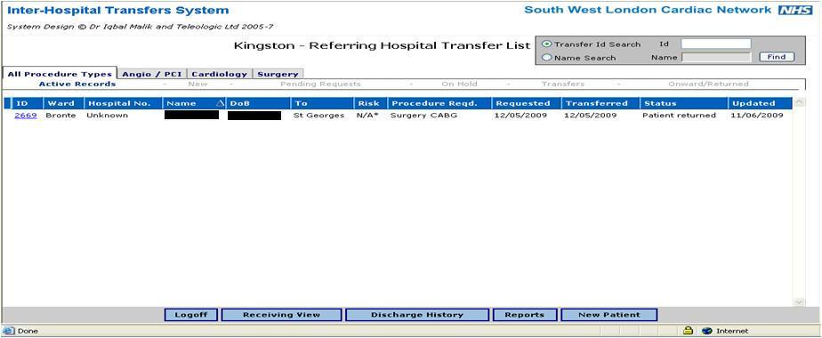 16 The Referring hospital Transfer List It is the Home page when using