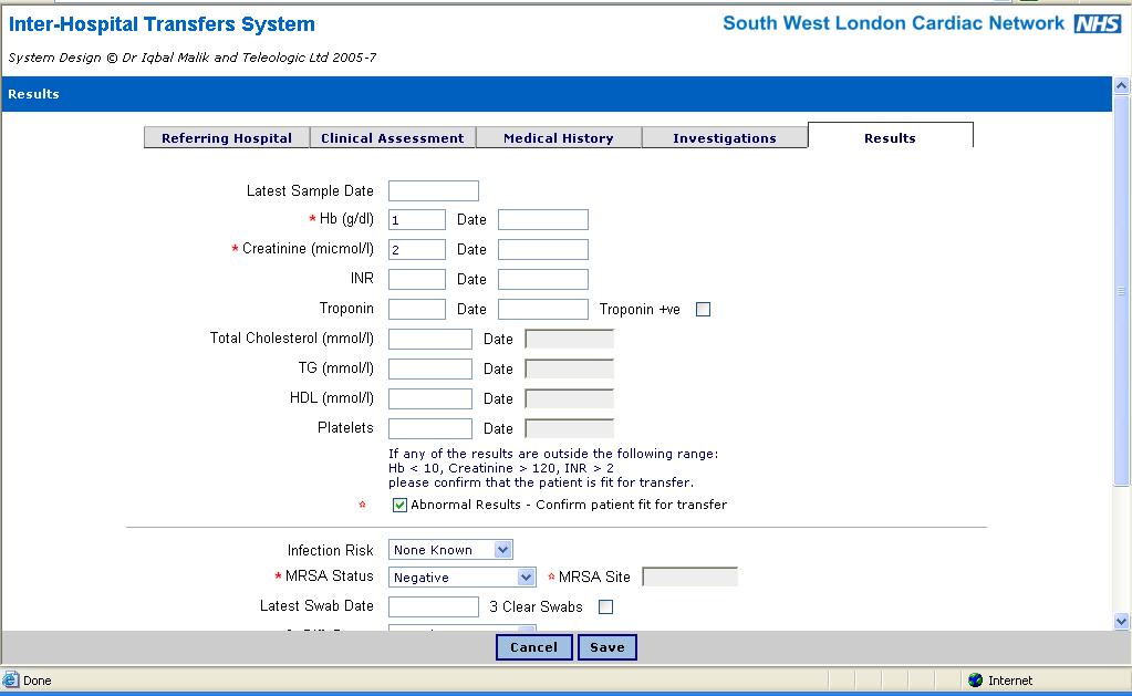 31 Referring Hospital - Results Click Save to continue.