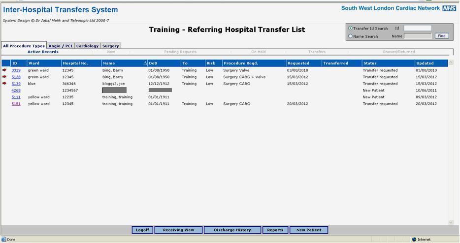 41 Referring Hospital Transfer List NOTE: Status = New patient if