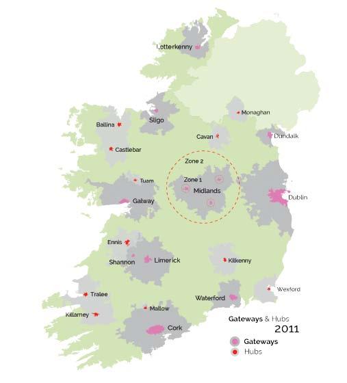 Map 12: Ireland s Gateways & Hubs Functional Areas 2011 Source: BMW and S&E Regional Assemblies, Gateways and Hubs Development Index 2013 Following the economic downturn in 2008, many urban centres