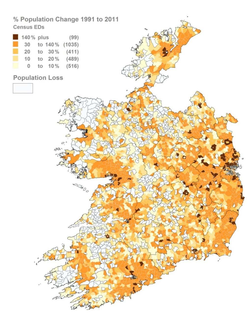 Map 13: Ireland s Population Change 1991-2011 Source: AIRO, Analysis of Census Data Lessons from the 2007-13 programmes In 2009 the Regional Assemblies established an ERDF co-financed Gateways (and