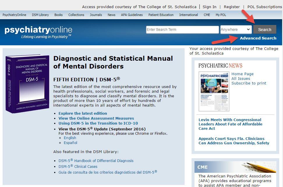 Searching all Resources Main Home Page The home page has lots of ways to get information including key topics, latest news, the current issue of the American Journal of Psychiatry and more.