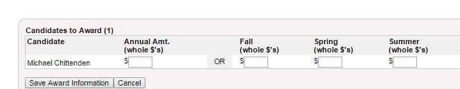 Step 7: Enter the fall and spring award amounts; click the Save