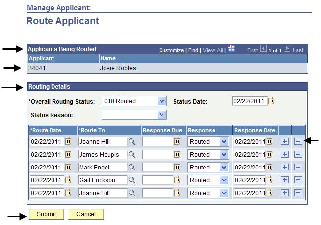 The Route Applicant page displays. 9. Check the Applicants Being Routed section to see names of the job applicants you have selected to route 10.