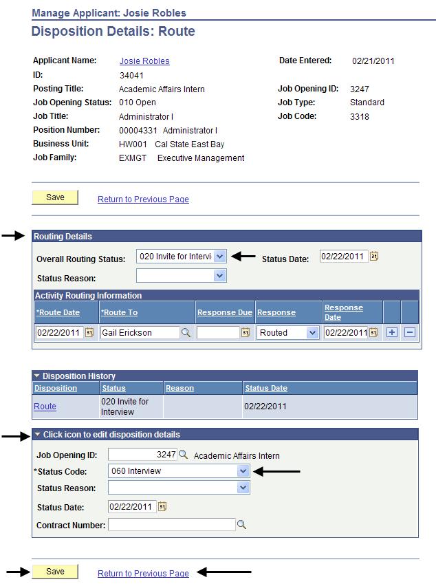 The Disposition Details page displays for the selected applicant. 2.