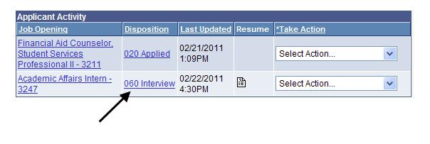 Click the arrow icon to expand the edit disposition details section 4. Status Code: Select Interview 5.