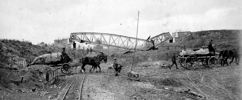 Supply wagons cross the dry bed of the Canal du Nord as they move supplies to the front, September 1918. harder for victory on 27 September than the Canadian engineers.