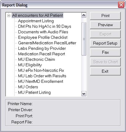 Error! Unknown document property name. NextGen Meaningful Use Crystal Reports Guide Version 5.6 SP1 The Report Dialog dialog displays.