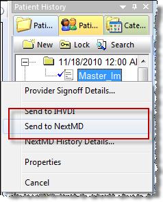 Chapter 4 MU Report Details Right-click on a document in the History Toolbar and select to sent the document to NextMD: Suggested Workflow Lab Results When a lab result is accepted/signed off in the