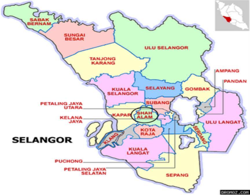Rajah1.2 :Kawasan berlorek menunjukkan kedudukan empat buah JAS di negeri Selangor yang menjadi sampel untuk temuramah Penguatkuasaan EIA (sumber: JPBD, 1997) 1.