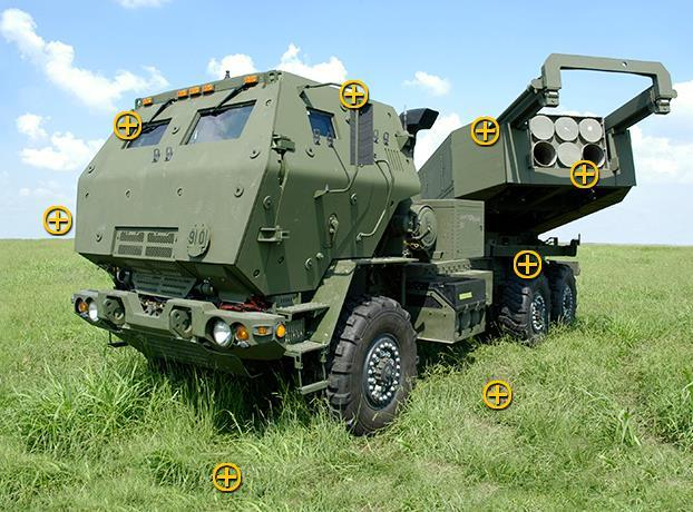 Land Precision Strike: HIMARS The HIMARS carries six rockets or one MGM-140 ATACMS missile on the U.S. Army's new Family of Medium Tactical Vehicles (FMTV) five-ton truck, and can launch the entire Multiple Launch Rocket System Family of Munitions (MFOM).