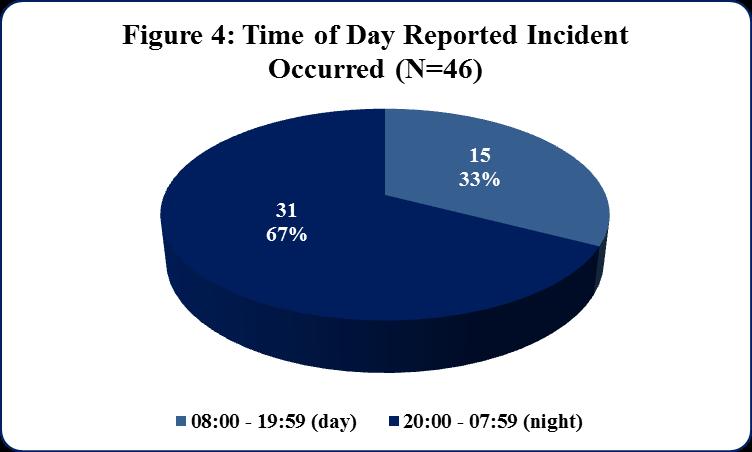 Time of Day Incident Occurred (see Figure 4) The majority, 31 (67%) of incidents occurred during the hours of 20:00 07:59hrs. 7.