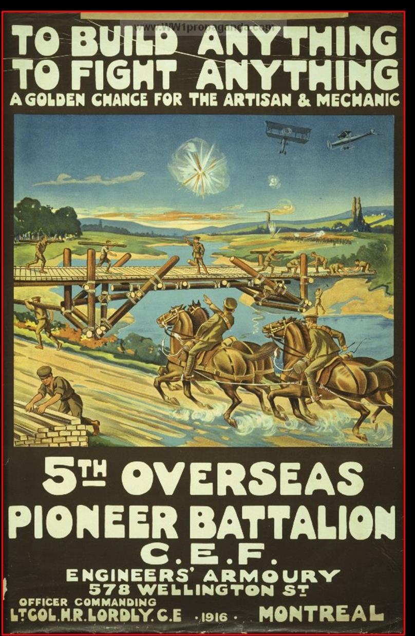 Pioneer battalions maintained channels of communication and transport, dealt with the movement and handling of munitions, built and repaired various structures and fortifications.