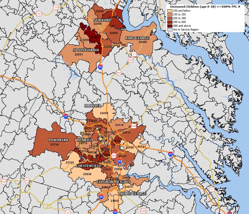 Map 19: Estimated Uninsured Children Age 0-18 with Income <=200% Federal Poverty Level, 2014 Source: Estimates of uninsured are based on Community Health Solutions