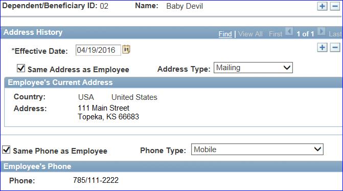 7 If the Same Address/Same Phone as Employee was selected, the Address and Phone will default to the same as
