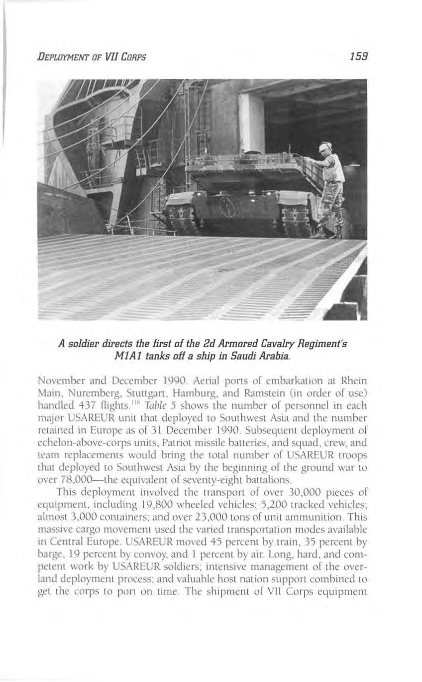 DEPLOYMENT OF VII CORPS 159 A soldier directs the first of the 2d Armored Cavalry Regiment's MJAJ tanks off a ship in Saudi Arabia. \;o\'cmber and December 1990.