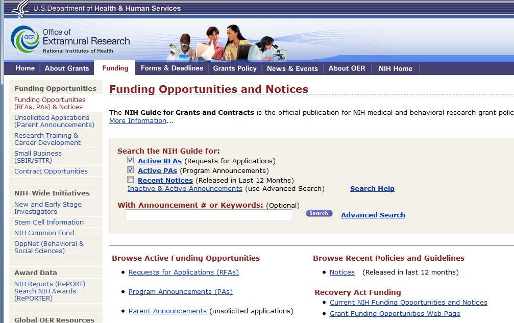Locating and Downloading Funding Opportunities from NIH Since NIH uses multiple CFDA numbers, it is easier to use the NIH OER Home Page to locate Funding Opportunity Announcements.