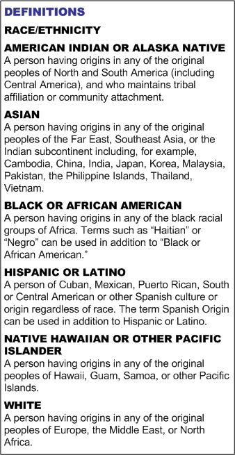 A1000: Race/Ethnicity (cont.) This item uses the common uniform language approved by the Office of Management and Budget (OMB) to report racial and ethnic categories.
