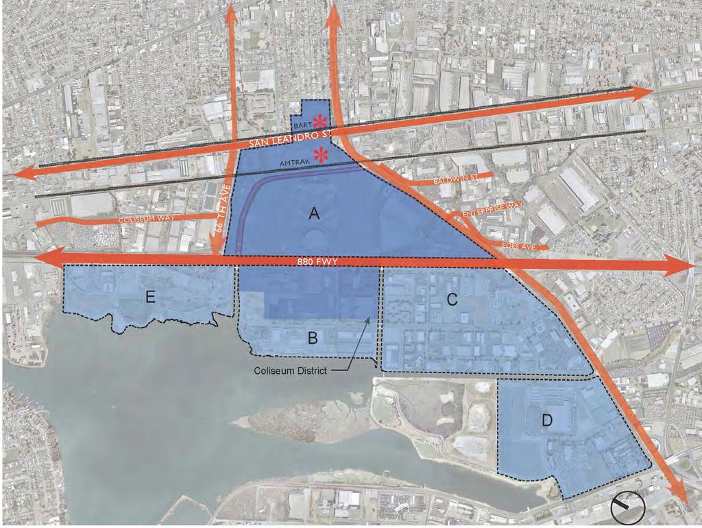 Draft Plan Area and Sub-Areas Draft Plan Area: Covers 800 acres Five Sub-Areas: A: Oakland-Alameda County Coliseum complex and Coliseum BART Station; B: Oakland Airport Business Park (Elmhurst Creek