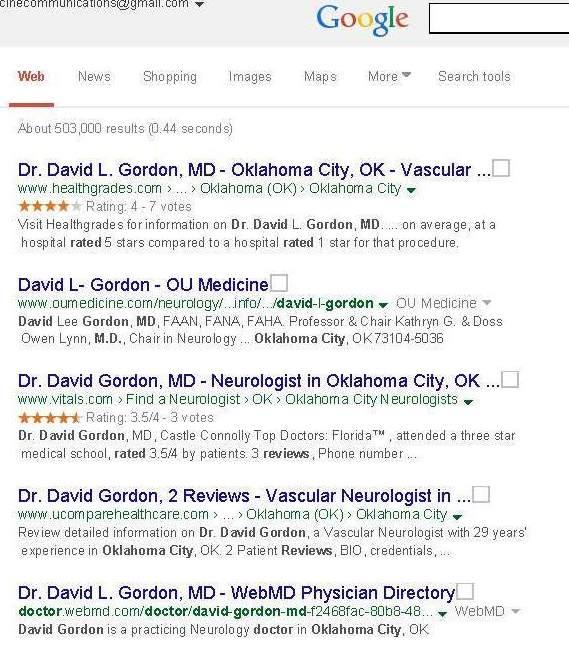What Patients Find on Google EXAMPLE: Dr. Gordon, Chairman, Neurology Healthgrades 4 stars, 7 reviews Vitals 4.