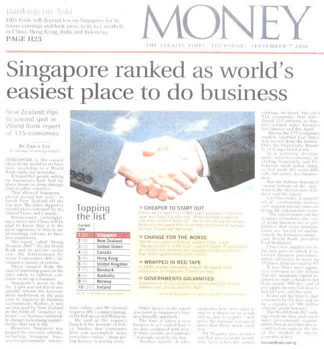 Some Achievements for Singapore #1 (2007-2011) in pro-enterprise environment World Bank Doing Business Report #1 (2008) in government policies & corporate performance most encouraging to innovation