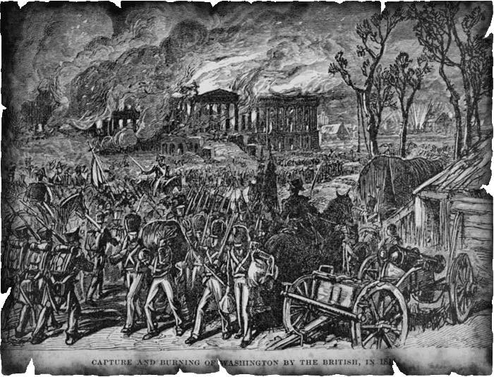 August 24, 1814 British burned public buildings but spared residential buildings Capitol Building set ablaze Americans burned Navy Yard and frigate Columbia The Burning of Washington First Lady Dolly