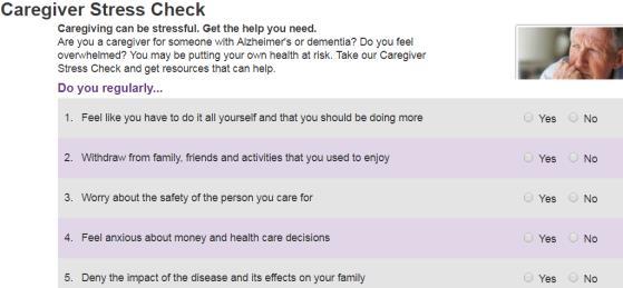 Caregiver Self-Assessment Tools Alzheimer s Association Caregiver Stress Check (www.alz.org/care/alzheimersdementia-stress-check) AMA Caregiver Self Assessment Questionnaire (www.caregiverslibrary.