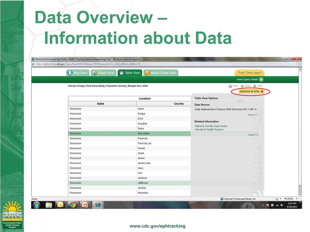 On each of the different data views, map, chart, and table, you are able to find more information about the data, like where it came from and how it was captured.