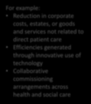 For example: Extended roles to offer care/treatment from different health professionals instead of consultants or GPs Purchase clinical goods or services at a cheaper price to reduce the