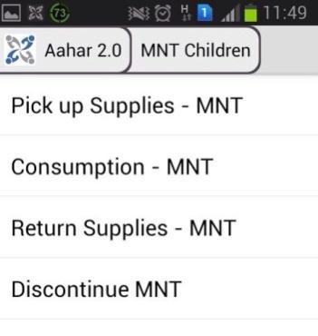 The MNT module in the Aahar CommCare application consists of four forms to be filled out by the COs at specific locations. 1.