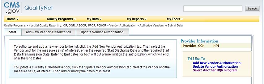 3. Select the PCH Vendor Authorization Program from the drop-down box and click Submit. The Authorize Vendor to Submit screen appears. 4.