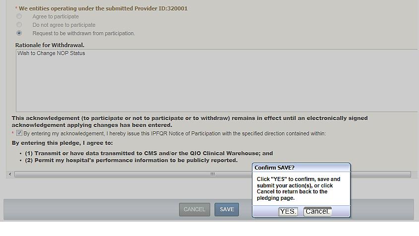 8. Following the pledge selection, select the Save button. A confirmation screen appears asking the user to confirm the selection in order to save the document.