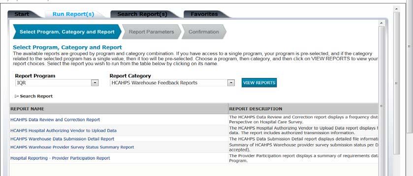 To run a PCH HCAHPS Report: 1. Select Run Reports from the My Reports drop-down menu in the yellow tool bar near the top of the summary screen. 2.